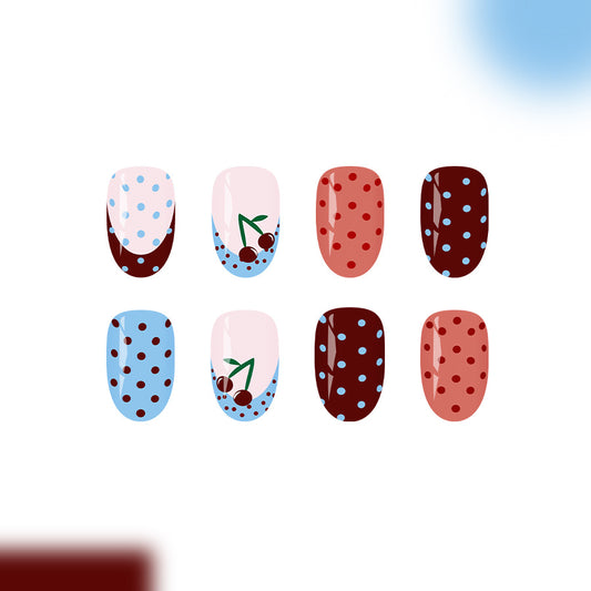 Cherry Blossom Delight Short Oval Medium Polished Red and Blue Dotted Nail Set