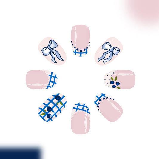Charming Cottage Style Short Round Blue and Pink Checkered Nail Set with Elegant Ribbon Design