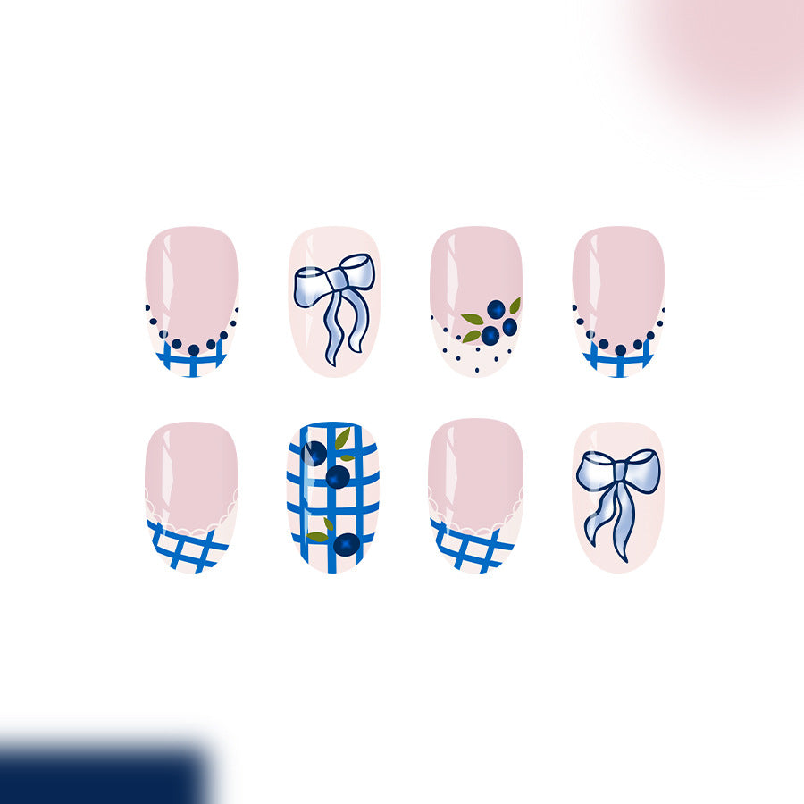Charming Blueberry Picnic Short Oval Pink Press On Nail Set Featuring Whimsical Bow and Floral Designs