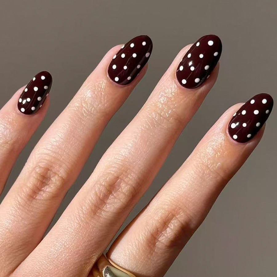 Chic Polka Dot Elegance Short Oval Deep Burgundy with White Dots Nail Press Set