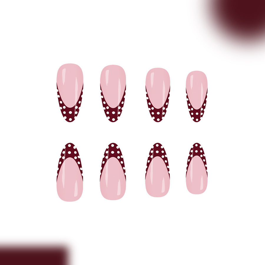Chic Polka Dot Elegance Long Almond Shaped Pink and Burgundy Press On Nail Set with Whimsical Dot Accents
