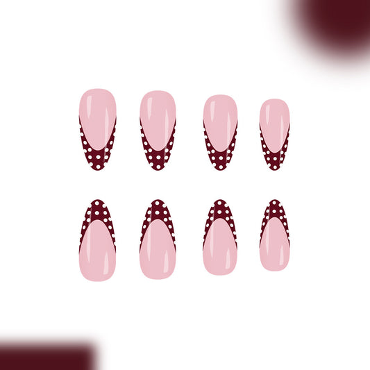 Chic Polka Dot Elegance Long Almond Shaped Pink and Burgundy Press On Nail Set with Whimsical Dot Accents