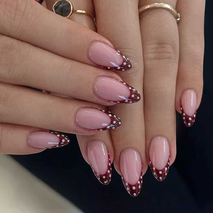 Chic Elegance Long Almond Pink with Burgundy Dots and Glossy Finish Press-On Nail Set
