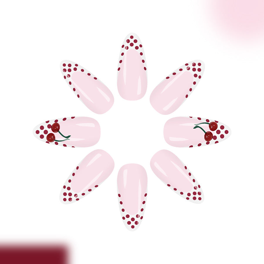 Cherry Blossom Delight Long Almond Pink Press On Nails with Dotted Design and Cherry Accents