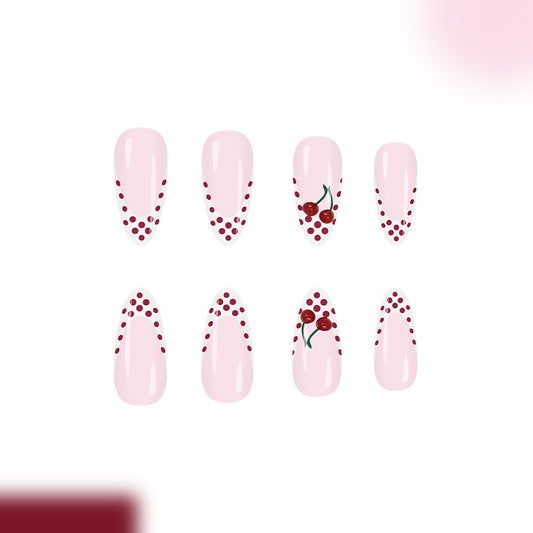 Cherry Blossom Delight Long Almond Pink Press On Nail Set with Dotted Design and Cherry Artwork