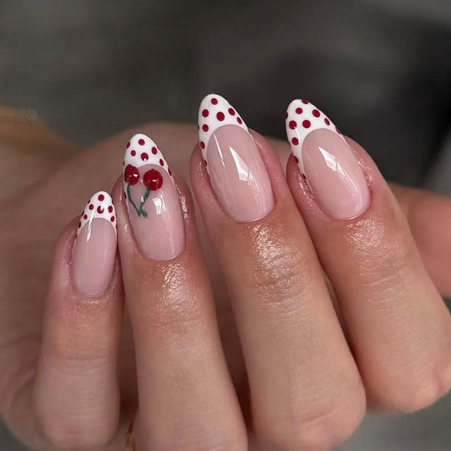 Cherry Blossom Delight Long Almond Pink with Glossy Red Dot and Cherry Design Press-On Nail Set
