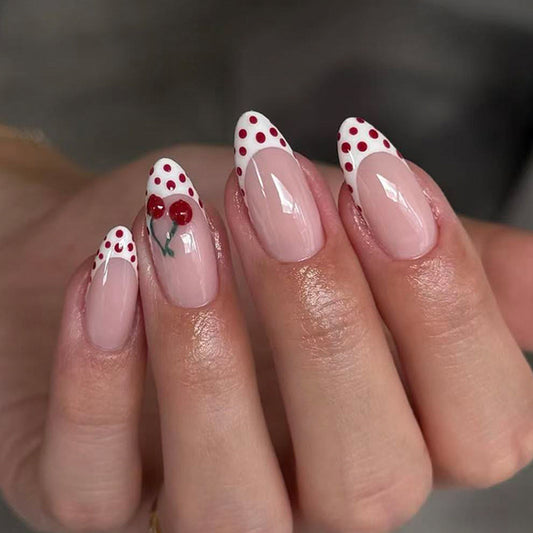 Cherry Blossom Delight Long Almond Pink with Glossy Red Dot and Cherry Design Press-On Nail Set