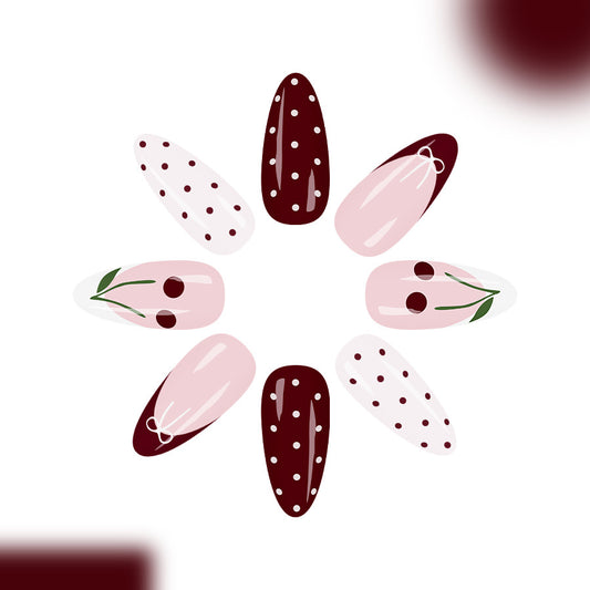 Cherry Blossom Elegance Long Almond Burgundy and Soft Pink with Polka Dots and Cherry Design Press On Nail Set