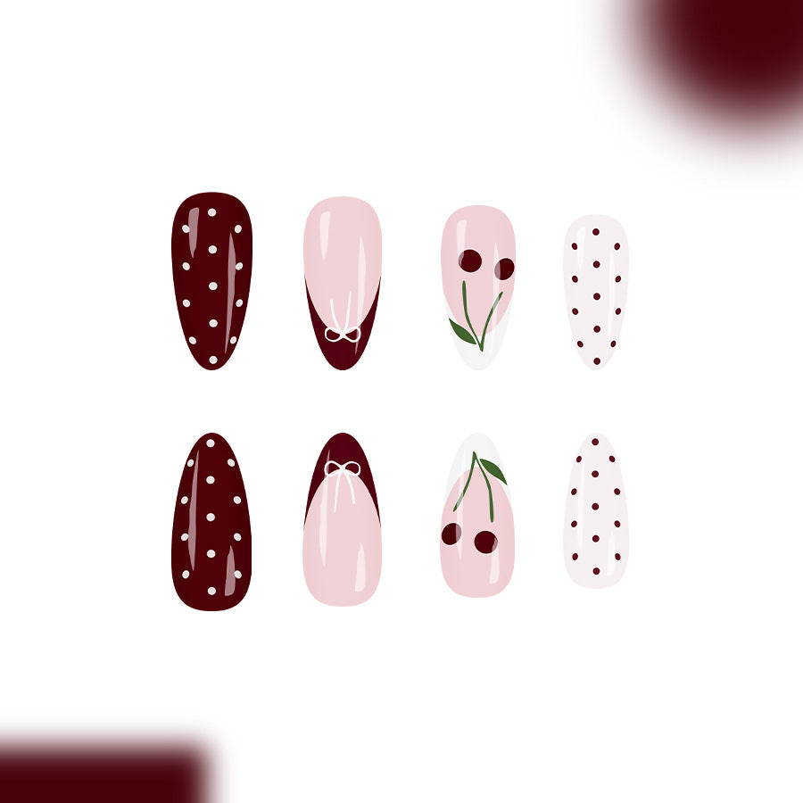 Cherry Blossom Romance Long Almond Burgundy and Soft Pink Press-On Nail Set with Floral and Polka Dot Designs