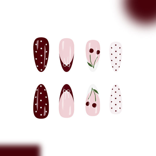 Cherry Blossom Romance Long Almond Burgundy and Soft Pink Press-On Nail Set with Floral and Polka Dot Designs