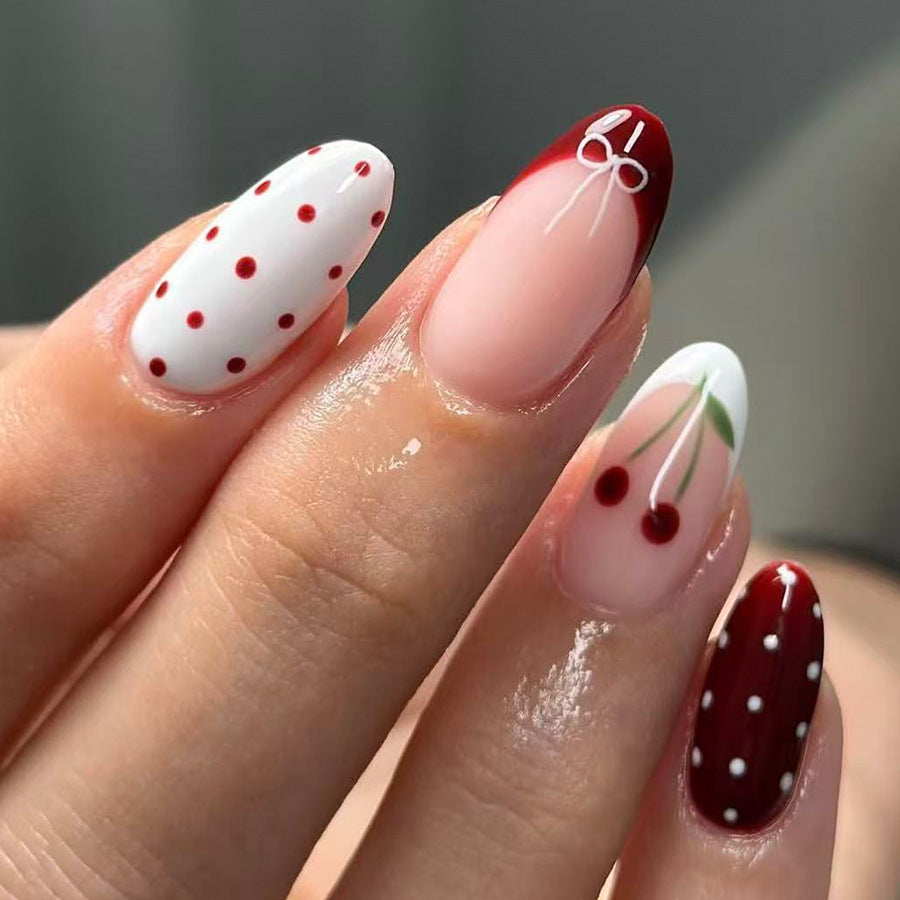 Cherry Blossom Delight Long Almond Red and White with Playful Polka Dots and Charming Cherry Design Press On Nail Set