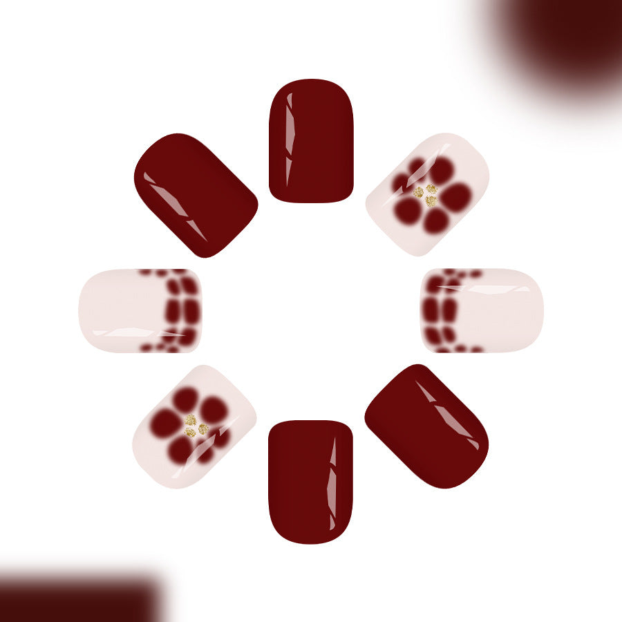 Autumn Blossom Elegant Short Square Deep Burgundy and Delicate Floral Accent Press On Nail Set