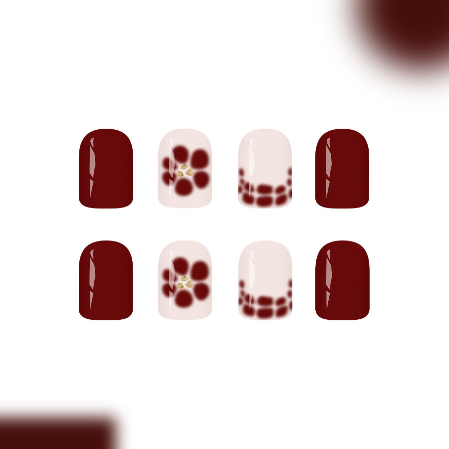 Elegant Floral Escape Glossy Short Square Burgundy with Unique Dotted Design Press On Nail Set