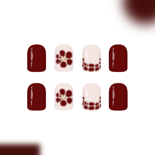 Elegant Floral Escape Glossy Short Square Burgundy with Unique Dotted Design Press On Nail Set