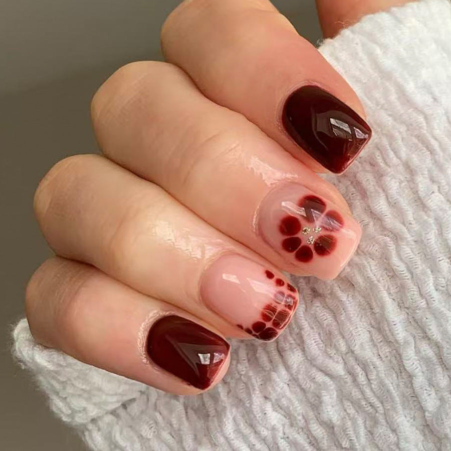Elegant Autumn Inspired Short Square Burgundy and Beige Floral Nail Set