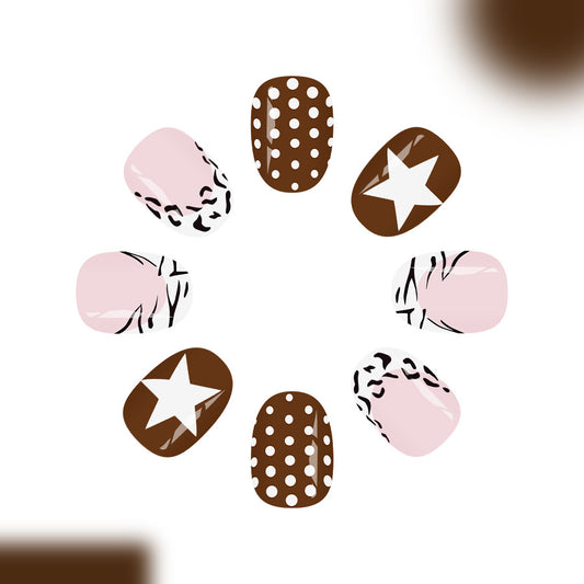 Chic Café Short Oval Pink and Brown Press on Nail Set with Playful Patterns