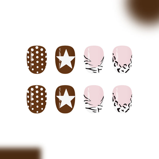 Chic Coffee Dream Short Oval Brown Pink with Star and Animal Print Design Nail Set