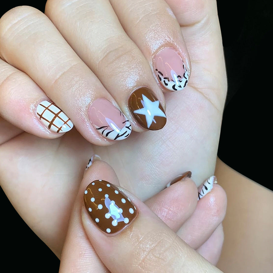 Cocoa Delight Short Oval Chocolate Brown Nail Set with Whimsical Patterns