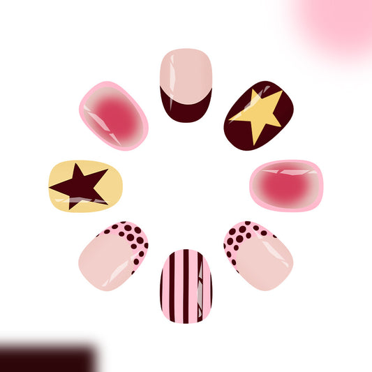 Glamorous Starry Night Short Oval Pink and Burgundy with Bold Patterns Press On Nail Set