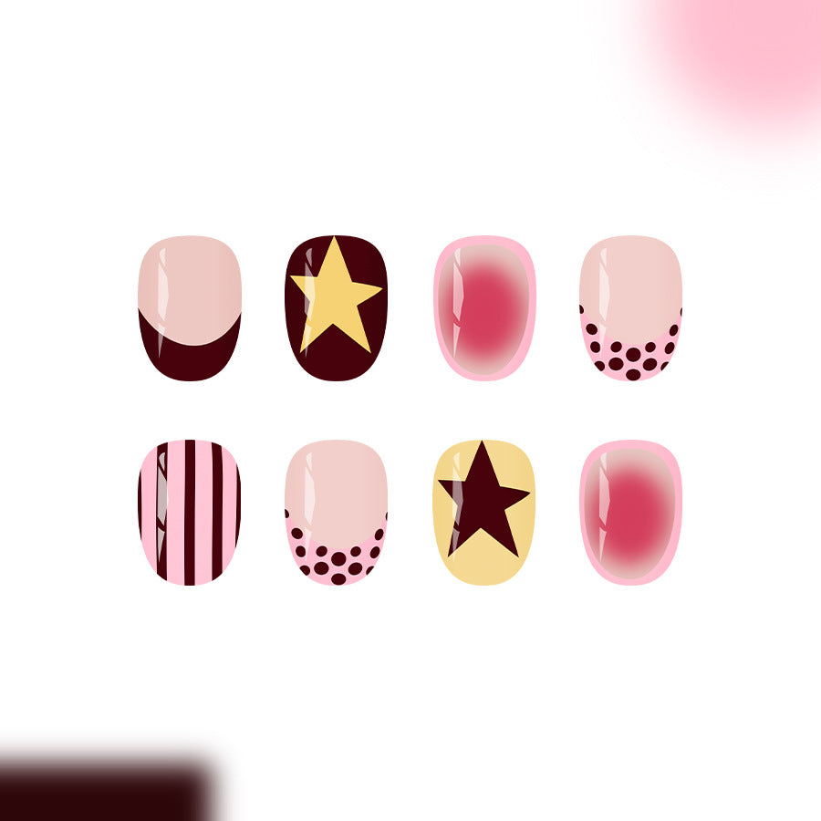 Starry Night Inspired Short Oval Pink Burgundy Nail Set with Unique Polka Dot and Star Design
