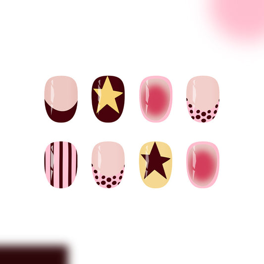 Starry Night Inspired Short Oval Pink Burgundy Nail Set with Unique Polka Dot and Star Design