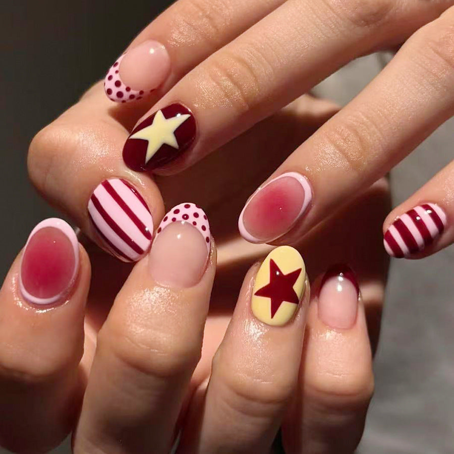 Whimsical Starry Dream Maroon Short Oval Ombre Design with Polka Dots