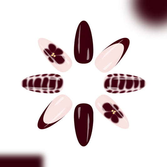 Charming Floral Fantasy Long Almond Burgundy and Beige Nail Set with Elegant Artistic Design