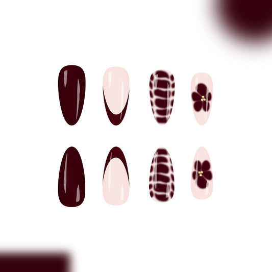 Bohemian Elegance Long Almond Burgundy and Beige Nail Set with Floral and Geometric Accents