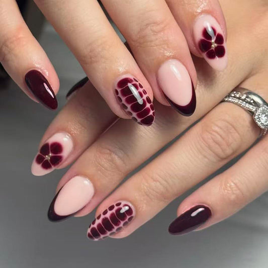 Elegant Evening Crimson Long Almond Press-On Nail Set with Floral and Crocodile Texture Accents