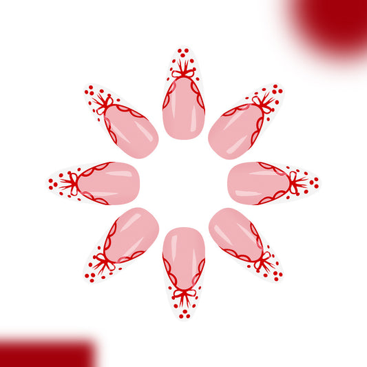 Chic Blossom Long Almond Pink Press On Nail Set with Elegant Red Floral Design