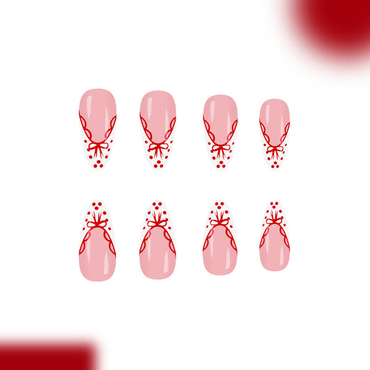 Charming Celebration Pink Long Almond Press On Nail Set with Elegant Red Bow Design