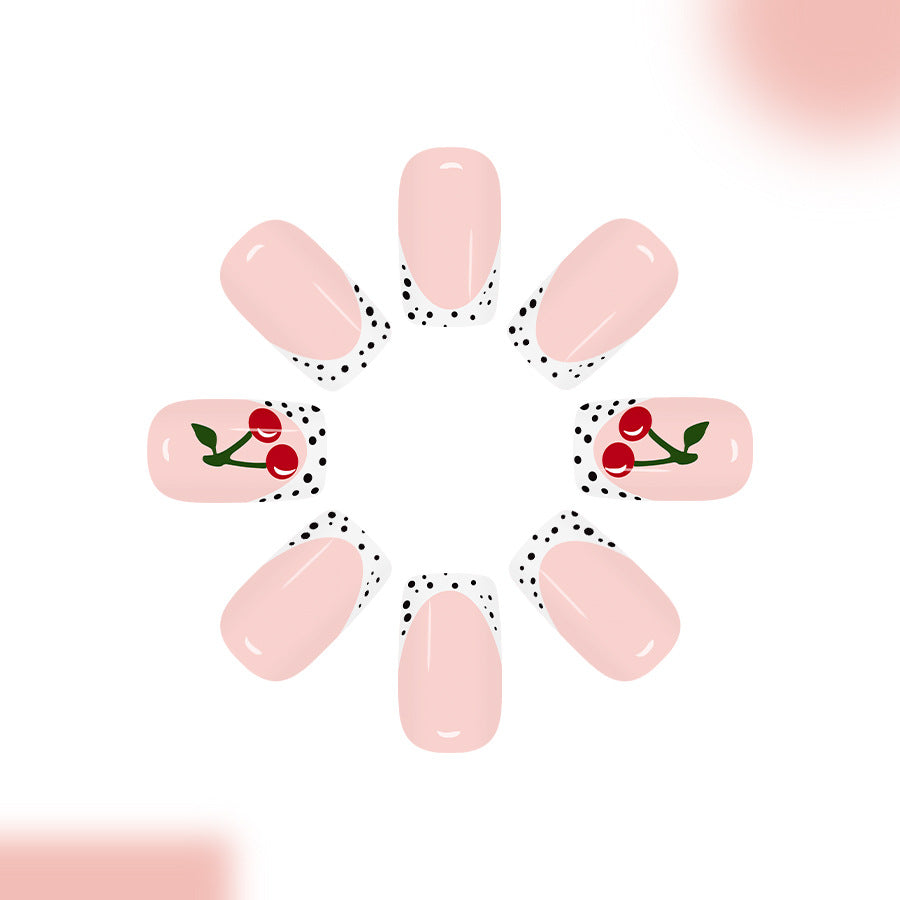 Cherry Blossom Delight Medium Square Blush Pink Nails with Dotted Tips and Charming Cherry Design