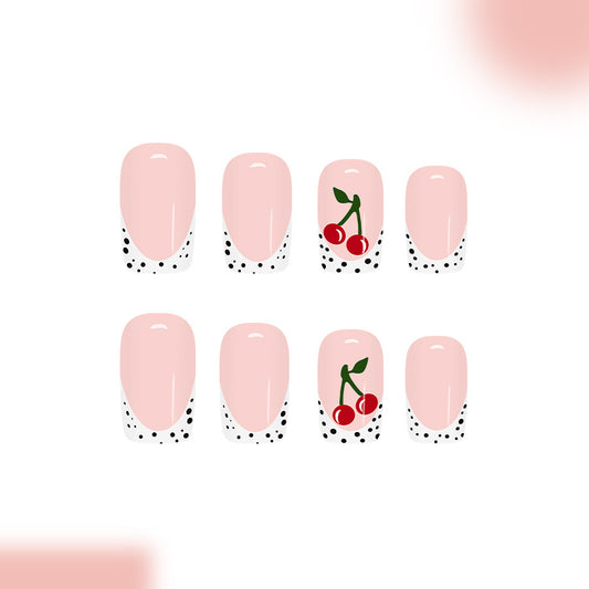 Cherry Blossom Delight Press-On Nail Set Long Square Soft Pink with Dotted Tips and Cherry Accent