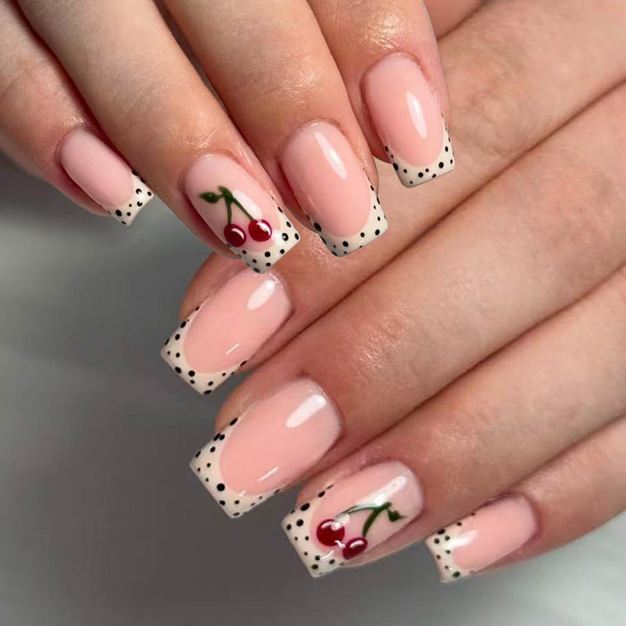 Cherry Blossom Delight Long Square Pink Press On Nail Set with Dotted French Tips and Cherry Design