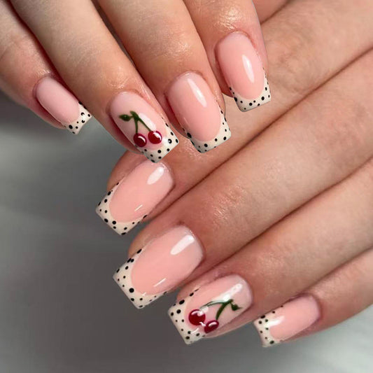 Cherry Blossom Delight Long Square Pink Press On Nail Set with Dotted French Tips and Cherry Design