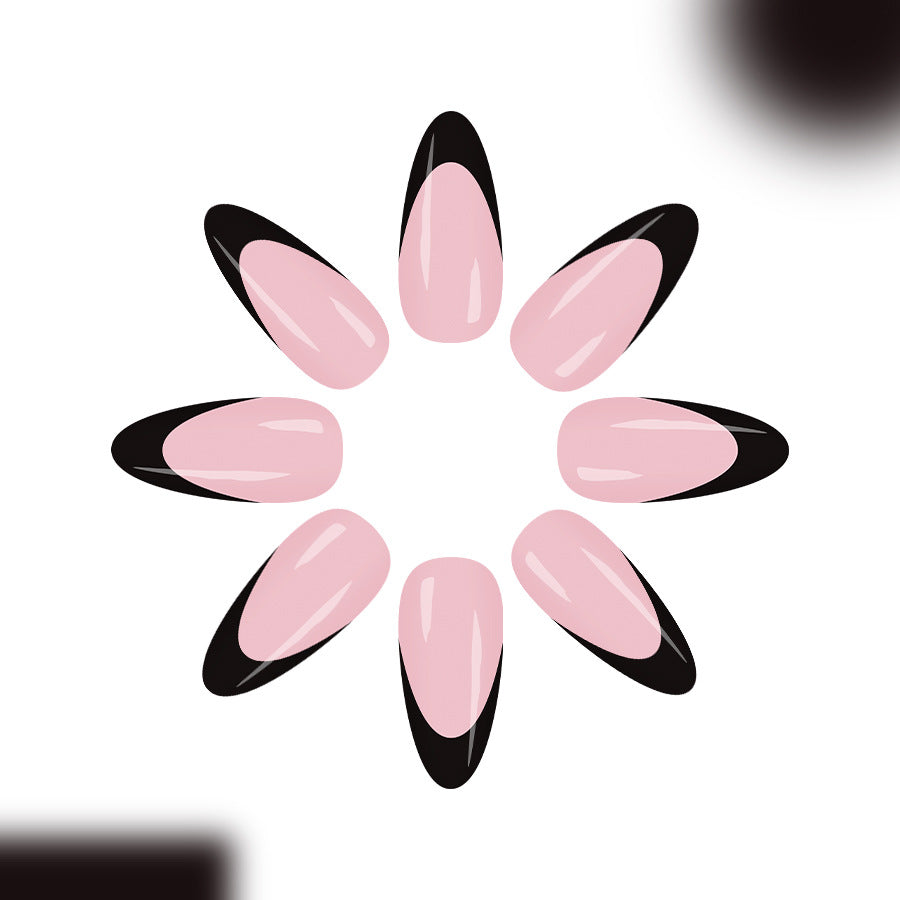 Chic Elegance Press-On Nails Long Almond Shape Soft Pink and Bold Black Tips with High Gloss Finish