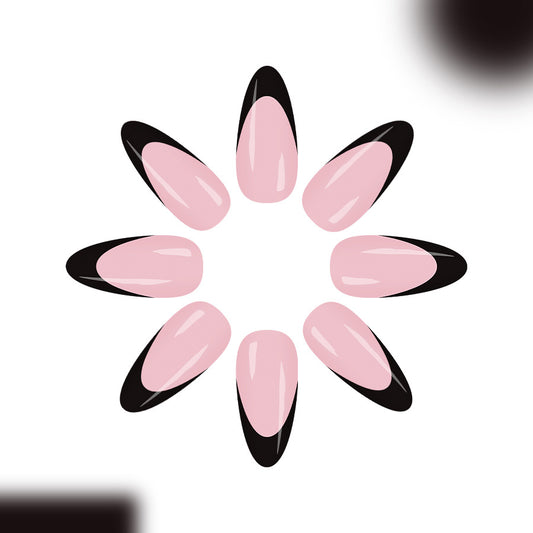 Chic Elegance Press-On Nails Long Almond Shape Soft Pink and Bold Black Tips with High Gloss Finish