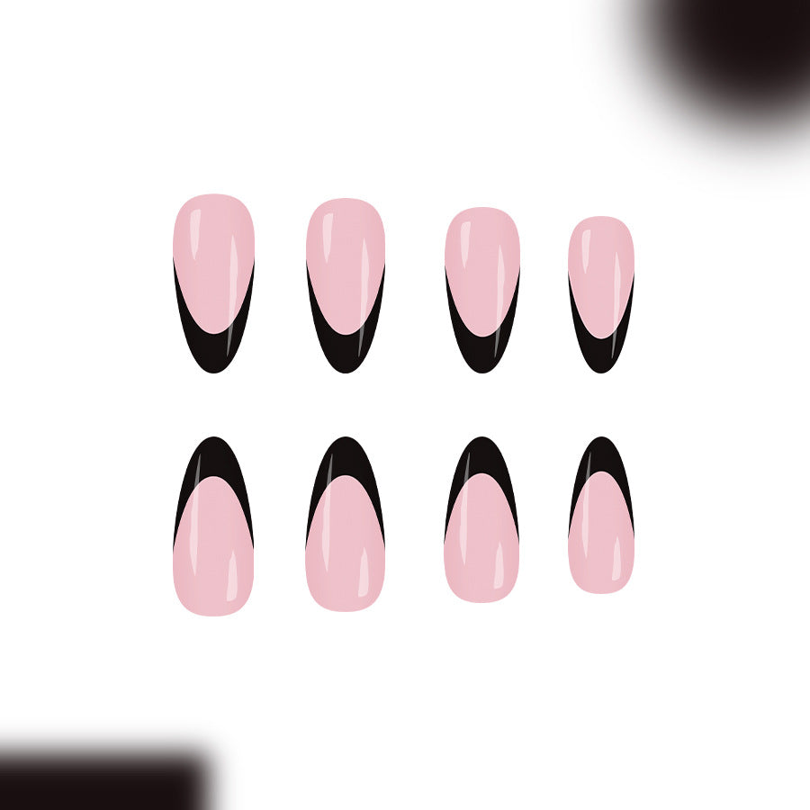 Chic Elegance Glossy Long Almond Blush Pink with Bold Black Tip Press-On Nail Set