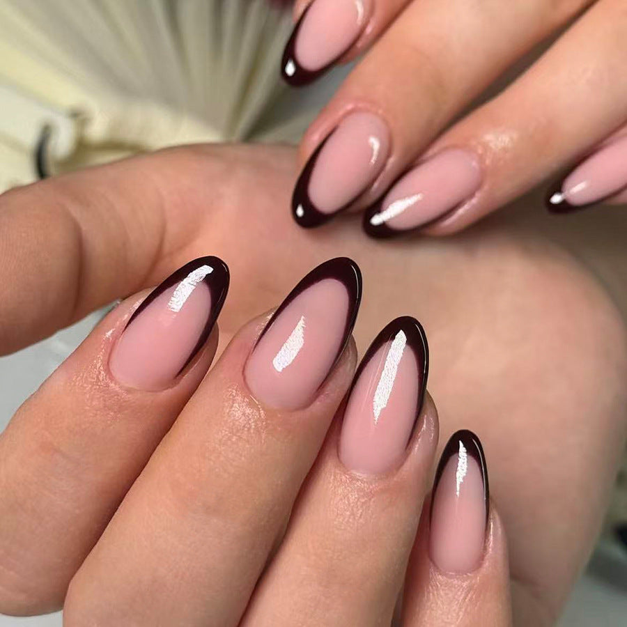 Chic Elegance Almond Shaped Long Pink with Glossy Dark Brown French Tips Press on Nail Set