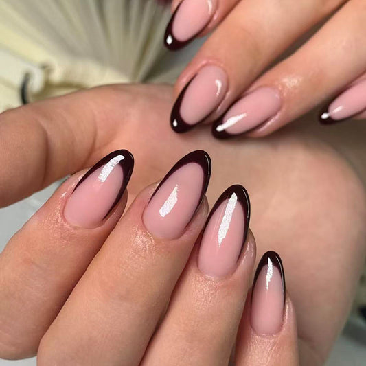 Chic Elegance Almond Shaped Long Pink with Glossy Dark Brown French Tips Press on Nail Set