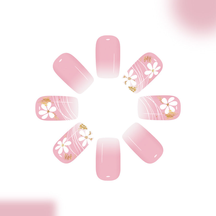 Blossoming Elegance Medium Square Pink Ombre Press On Nail Set with Floral Design and Glitter Accents