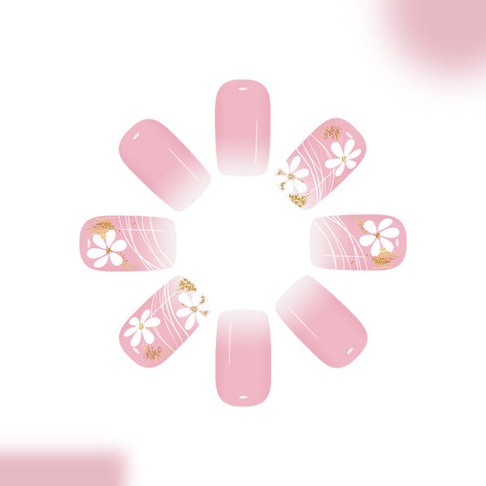 Blossoming Elegance Medium Square Pink Ombre Press On Nail Set with Floral Design and Glitter Accents