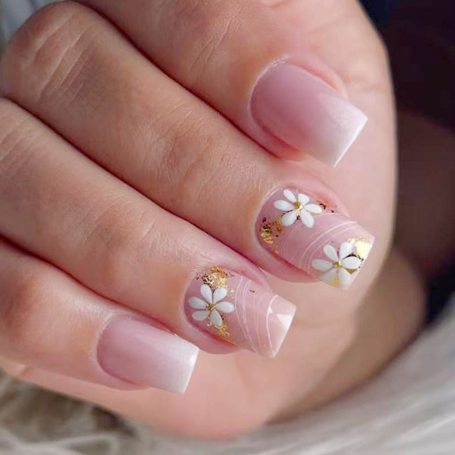 Blossom Dreams Medium Square Light Pink with Floral Accents and Gold Foil Nail Set