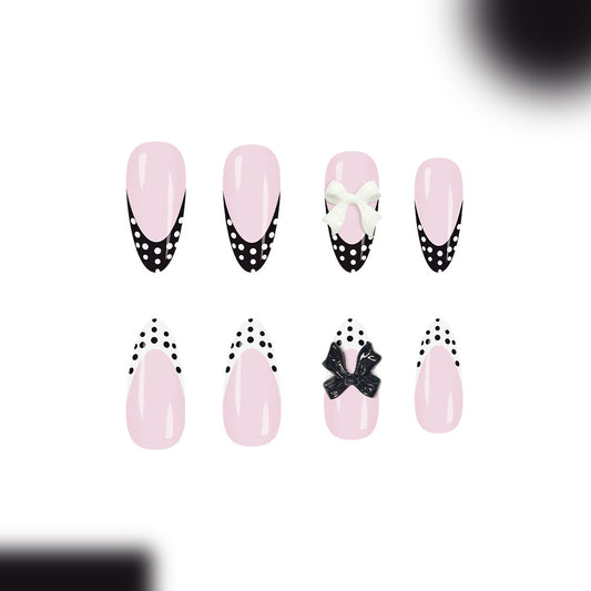 Chic Retro Elegance Long Almond Pink Black Bow and Polka Dot Press On Nail Set