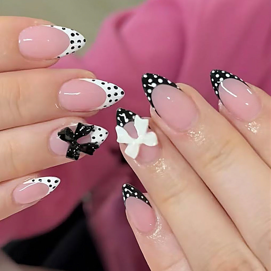 Chic Elegance Long Almond Pink and Black with Polka Dots and Bow Accents Press On Nail Set