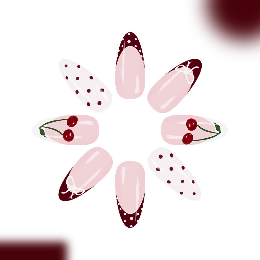 Cherry Blossom Delight Elegant Long Almond Shaped Pink and Burgundy Nail Set with Charming Cherry and Polka Dot Designs