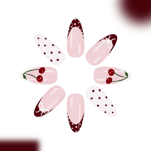 Cherry Blossom Delight Elegant Long Almond Shaped Pink and Burgundy Nail Set with Charming Cherry and Polka Dot Designs