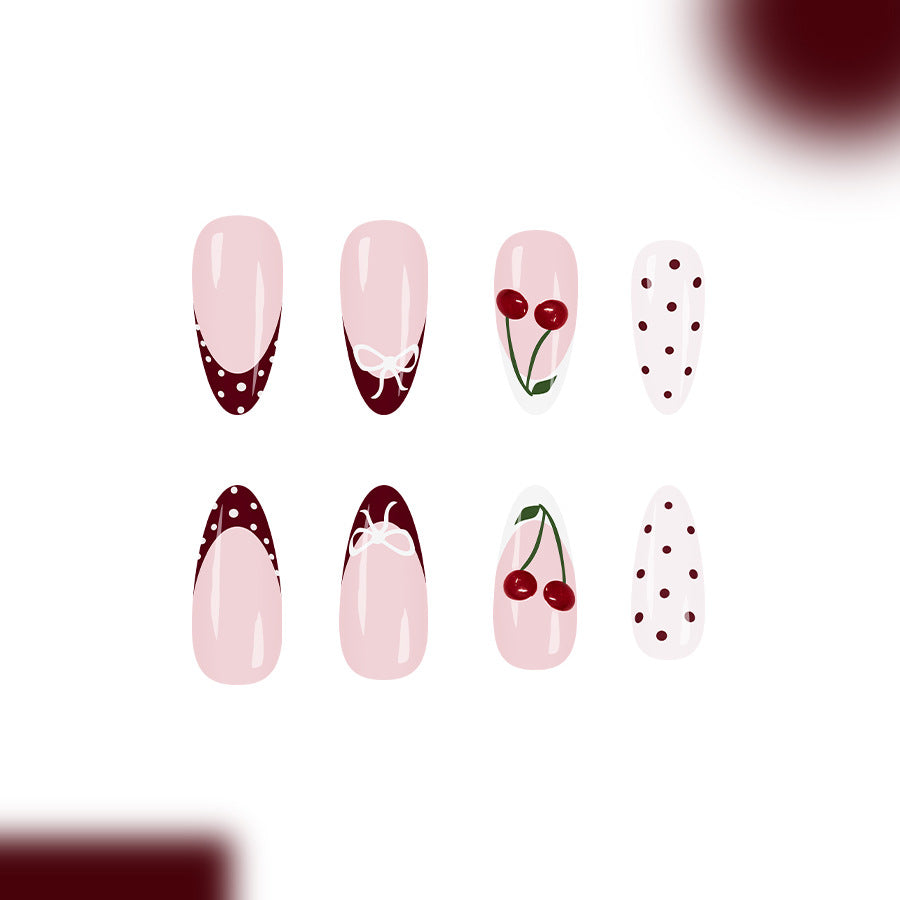 Cherry Blossom Dream Long Almond Pink and Burgundy Polka Dot and Cherry Design Press-On Nail Set
