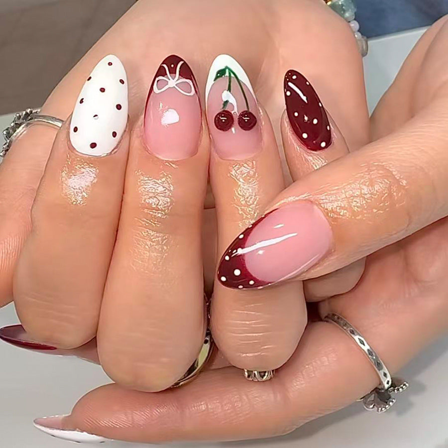 Sweet Cherry Blossom Press On Nail Set in Long Almond Shape Elegant Burgundy and Classic White with Unique Artistic Designs