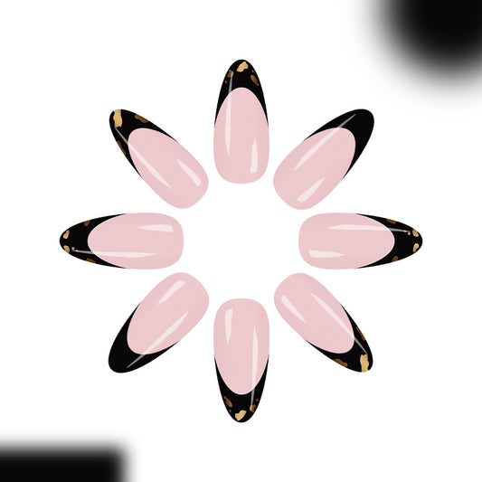 Elegant Wildflower Midnight Press-On Nail Set Perfectly Long Almond Shaped Soft Pink and Bold Black Leopard Print Design